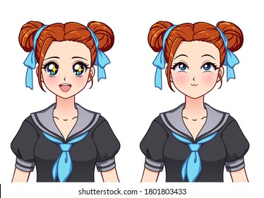 Set of anime expressions. Cute girl with buns hairstyle wearing japanese school uniform. Hand drawn vector illustration isolated on white.