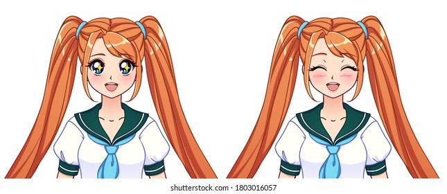 Conjunto de expresiones anime. Muchacha linda con un pigtails naranja usando uniforme escolar japonés. Ilustración vectorial dibujada a mano aislada en blanco.