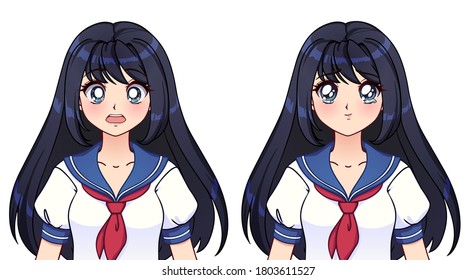 Set of anime expressions. Cute girl with long black hair wearing blue japanese school uniform. Hand drawn vector illustration isolated on white.