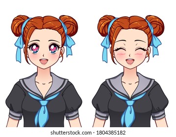 Set of anime expressions. Cute girl with buns hairstyle wearing japanese school uniform. Hand drawn vector illustration isolated on white.