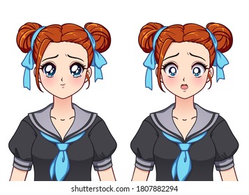 Set of anime expressions. Cute girl with buns hairstyle wearing japanese school uniform. Hand drawn vector illustration isolated on white.