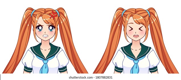 Set of anime expressions. Cute girl with orange pigtails wearing japanese school uniform. Hand drawn vector illustration isolated on white.