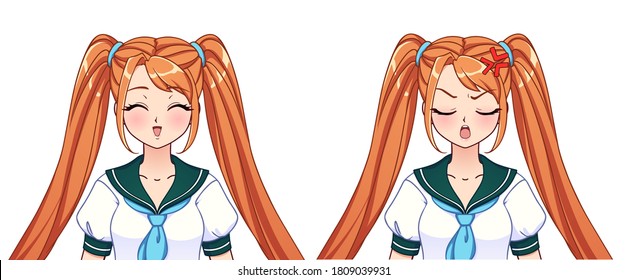 Set of anime expressions. Cute girl with orange pigtails wearing japanese school uniform. Hand drawn vector illustration isolated on white.