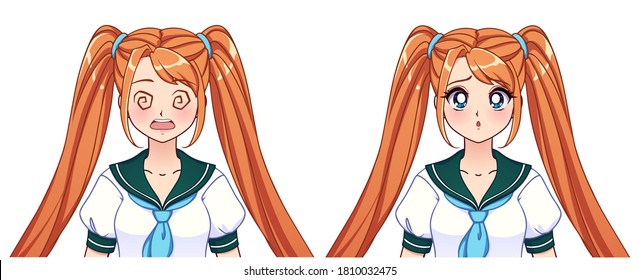 Set of anime expressions. Cute girl with orange pigtails wearing japanese school uniform. Hand drawn vector illustration isolated on white.