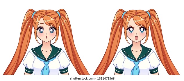 Conjunto de expresiones anime. Muchacha linda con un pigtails naranja usando uniforme escolar japonés. Ilustración vectorial dibujada a mano aislada en blanco.