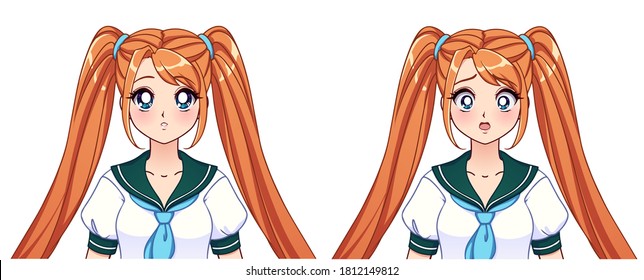 Set of anime expressions. Cute girl with orange pigtails wearing japanese school uniform. Hand drawn vector illustration isolated on white.