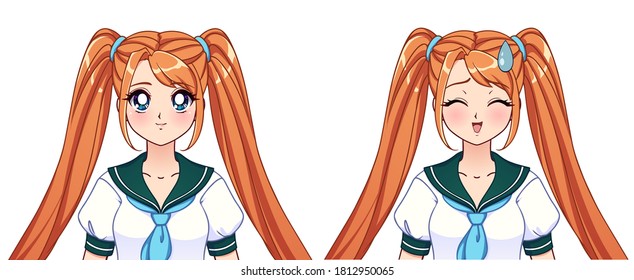 Set of anime expressions. Cute girl with orange pigtails wearing japanese school uniform. Hand drawn vector illustration isolated on white.