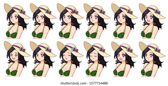 Set of anime expressions. Different eyes, mouth, eyebrows. Girl wearing green swimsuit and summer hat. Brunette with violet eyes. Hand drawn vector illustration isolated on white background.