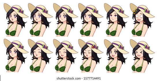 Set of anime expressions. Different eyes, mouth, eyebrows. Girl wearing green swimsuit and summer hat. Brunette with violet eyes. Hand drawn vector illustration isolated on white background.