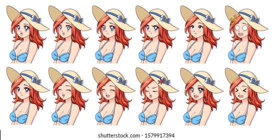 Set of anime expressions. Different eyes, mouth, eyebrows. Girl wearing blue swimsuit and summer hat. Red hair, blue eyes. Hand drawn vector illustration isolated on white background.