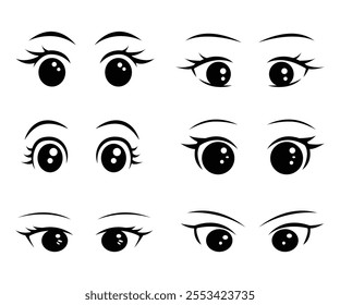 Set of anime eyes cartoon for element, facial expression, face and emotion