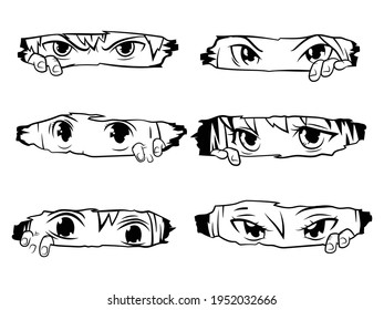 Set of anime eyes looking from a paper. Collection of anime girl peeps out from gap. Anime characters. Vector illustration on white background. Tattoo. 