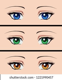 Set of anime eyes. Vector illustration of female anime green, blue, yellow eyes 