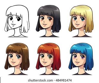 Set of anime girl with color straight bob haircut