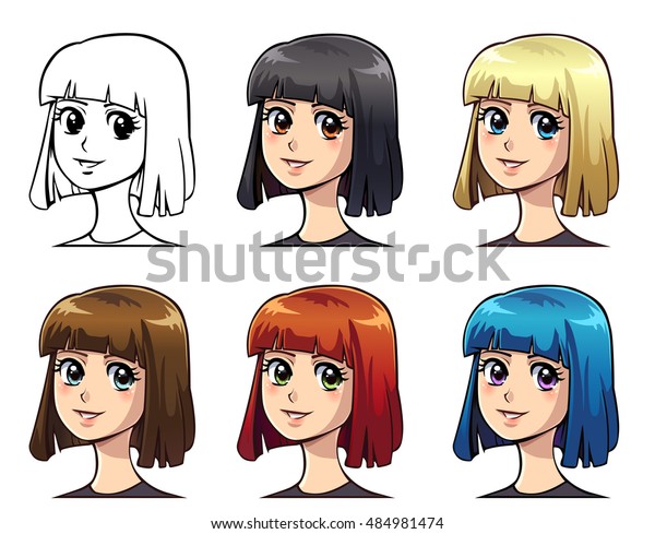 Set Anime Girl Color Straight Bob Stock Vektorgrafik