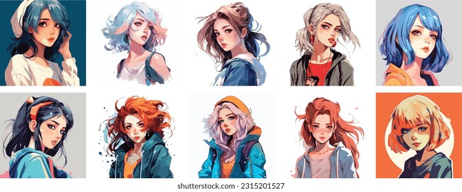 Set of Anime girl portrait art collection of anime girl digital art white background. vector illustration