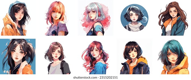 Set of Anime girl portrait art collection of anime girl digital art white background. vector illustration