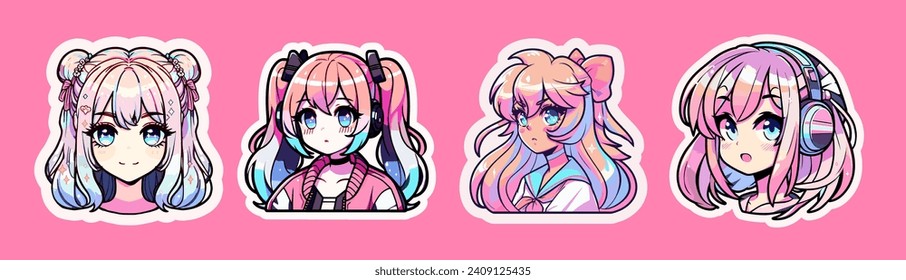 Set of anime girls with bright colored hair on pink background. Illustrations for stickers or flash tattoos. 