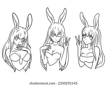 Conjunto de chicas de anime con orejas de conejo. Colección de graciosas chicas de caricatura usando orejas de conejito. Carácter kawaii. Bastante traje de animal. Moda. Ilustración vectorial sobre fondo blanco.