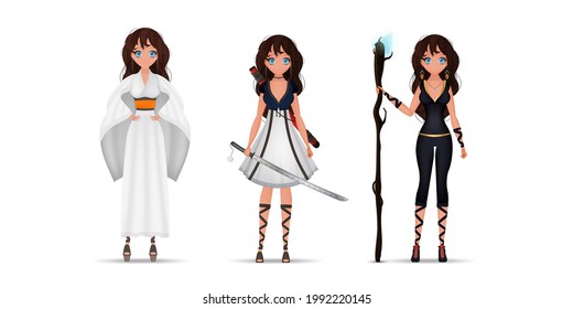 Set of anime girls superheroes. Woman in kimono with katanas. Cartoon style. Isolated. Vector.