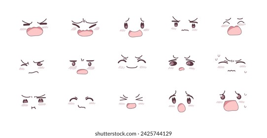 Set of anime kawaii cute different emotions smile. Expression faces emoji. Vector illustration in cartoon childlike manga style