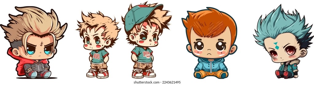 set of Anime Kid Boy sticker, mascot isolated collection of cute anime boy, cartoon style boy, colorfull baby boy. for copy space, design asset, for tshirt designs