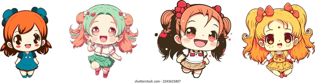 set of Anime Kid girl sticker, mascot isolated collection of cute anime girl, cartoon style boy, colorfull baby girl. for copy space, design asset, for tshirt designs