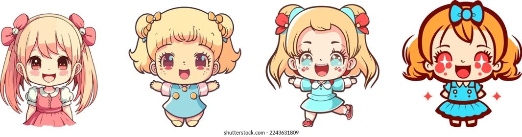 set of Anime Kid girl sticker, mascot isolated collection of cute anime girl, cartoon style boy, colorfull baby girl. for copy space, design asset, for tshirt designs