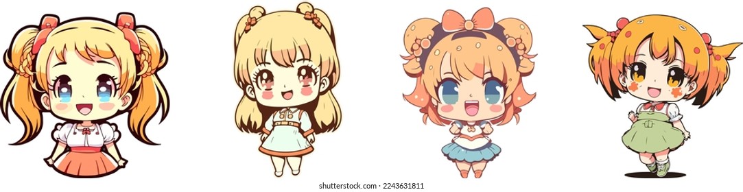 conjunto de pegatinas de niñas de Anime Kid, mascota aislada colección de una linda niña de anime, chico estilo caricatura, niña colorida. para espacio de copia, activo de diseño, para diseños de camisetas