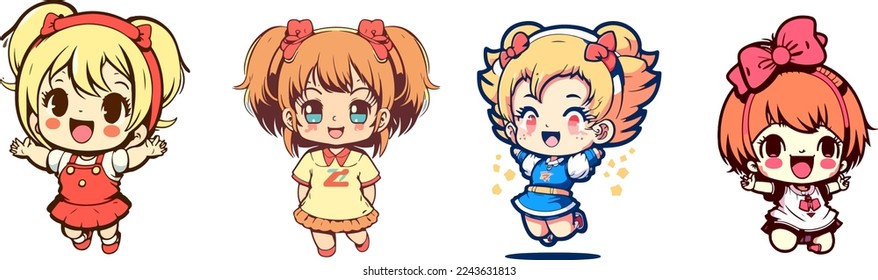 set of Anime Kid girl sticker, mascot isolated collection of cute anime girl, cartoon style boy, colorfull baby girl. for copy space, design asset, for tshirt designs