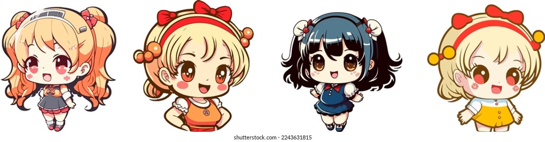 conjunto de pegatinas de niñas de Anime Kid, mascota aislada colección de una linda niña de anime, chico estilo caricatura, niña colorida. para espacio de copia, activo de diseño, para diseños de camisetas