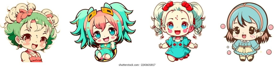 conjunto de pegatinas de niñas de Anime Kid, mascota aislada colección de una linda niña de anime, chico estilo caricatura, niña colorida. para espacio de copia, activo de diseño, para diseños de camisetas