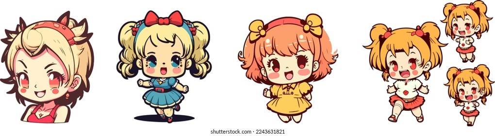 conjunto de pegatinas de niñas de Anime Kid, mascota aislada colección de una linda niña de anime, chico estilo caricatura, niña colorida. para espacio de copia, activo de diseño, para diseños de camisetas