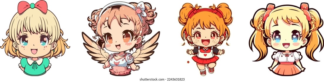 set of Anime Kid girl sticker, mascot isolated collection of cute anime girl, cartoon style boy, colorfull baby girl. for copy space, design asset, for tshirt designs