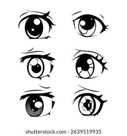 Set of anime and manga faces different expression hand drawn graphic