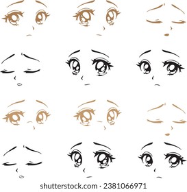 Set of anime sad faces. Hand drawn vector cartoon illustration. Isolated on white background..eps
