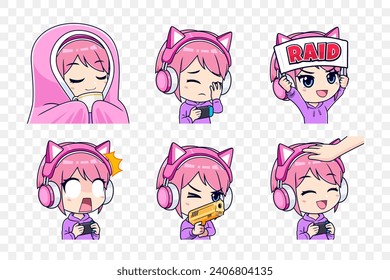 Set of anime streamer gamer girls expression stickers or badges. Vector illustration