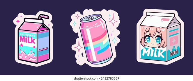 Set of anime style drink stickers on a dark background. Soda can and milk cartoon in cute cartoon style.