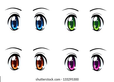 Set Of Anime Style Eyes Of Different Colors, Isolated On White.