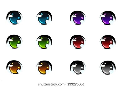 Set Of Anime Style Eyes Of Different Colors, Isolated On White.