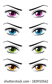Set of anime style eyes of different colors, isolated on white.