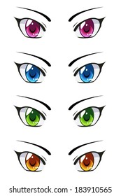 Set of anime style eyes of different colors, isolated on white.