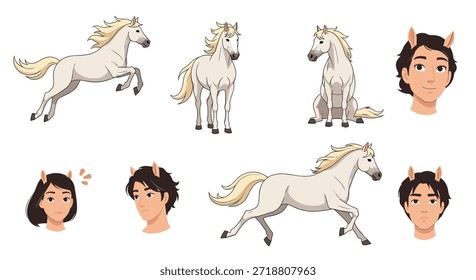 Set of anime style illustrations featuring beautiful white horses in various poses and portraits of characters with horse ears.
