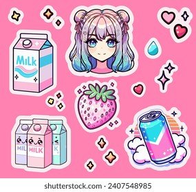 A set of anime style stickers featuring strawberries, a soda can, a milk carton, and an anime girl's head.