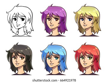 Set Of Anime Teen's Head With Medium Shag Haircut