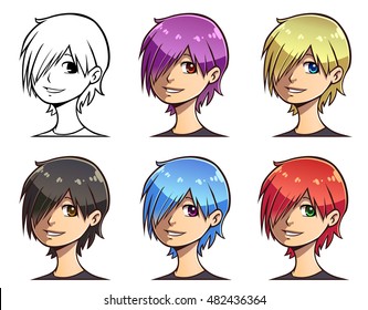Set of anime teen's head with short colored haircut