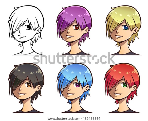 Set Anime Teens Head Short Colored Royalty Free Stock Image