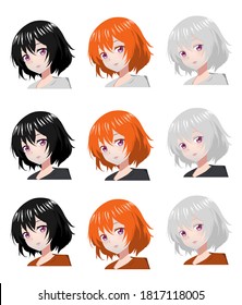 Set anime vector face girl woman 