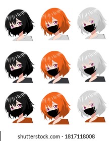 Set anime vector face girl woman mask  