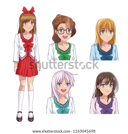 Set of anime young womens profile